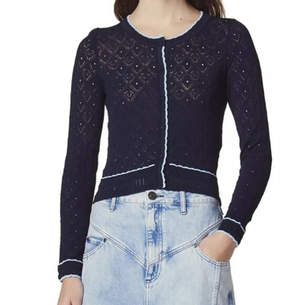 Sandro Sz 4 Bomi Navy Open Work Feminine Dainty Knit Cardigan Sweater